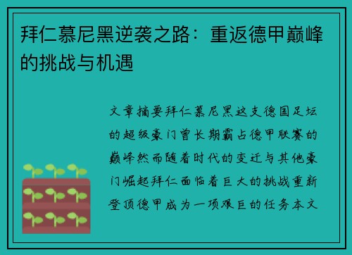 拜仁慕尼黑逆袭之路：重返德甲巅峰的挑战与机遇